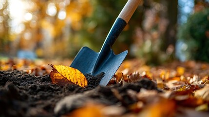 Gardener uses shovel to dig soil in autumn landscape filled with fallen leaves