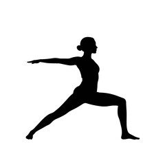 Fototapeta premium Female in Warrior II yoga pose, black silhouette on white, fitness, wellness.