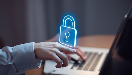 Person Typing on Laptop with Digital Security Lock Icon Overlay cybersecurity data protection