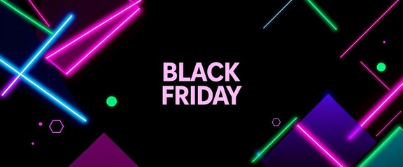 Vibrant neon pink, blue, and green geometric shapes on black background with "Black Friday" subtly incorporated, texture, festive