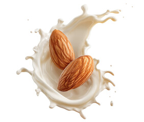 Almond nuts splashing in creamy milk wave, isolated on transparent cutout background