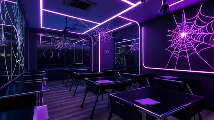Halloween themed luxury classroom with neon purple lighting LED spider webs and sleek black desks creating an edgy spooky atmosphere with stylish elements that blend luxury with mystery
