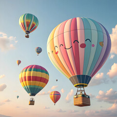Fototapeta premium Colorful hot air balloons floating joyfully in sky adorable 3d render