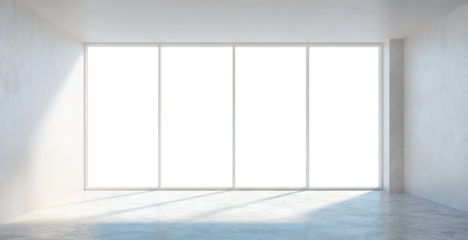 Bright empty room with large panoramic windows, isolated on transparent cutout background