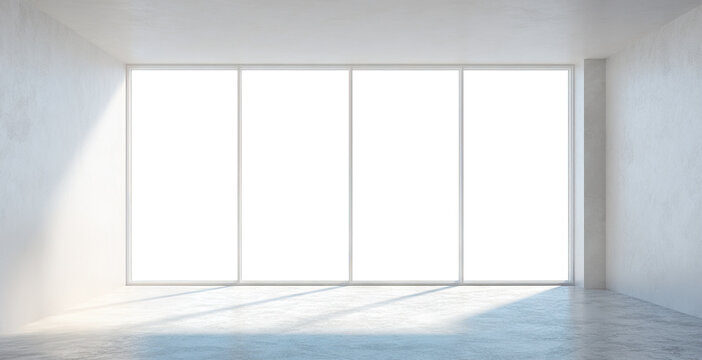 Bright empty room with large panoramic windows, isolated on transparent cutout background