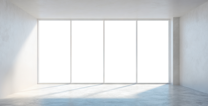 Bright empty room with large panoramic windows, isolated on transparent cutout background