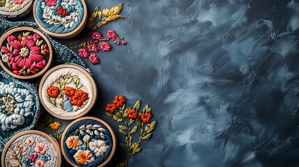 Embroidery set. White linen fabric, embroidery hoop, colorful threads and needls. Copy space ai generative