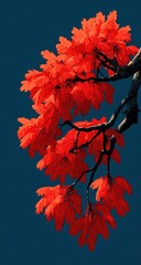 Vibrant red autumn leaves on a dark teal background.  A branch laden with fiery orange-red leaves hangs against a deep teal sky.  The leaves are detailed, and the branches are dark