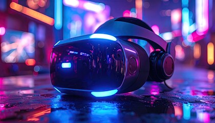 Virtual Reality Headset in Neon City at Night