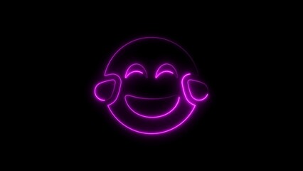 Neon laughing crying face emoji glowing in vibrant pink on a black background