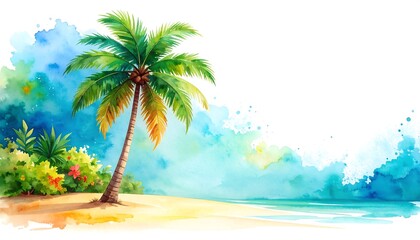 Obraz premium Watercolor Painting of a Tropical Beach with a Palm Tree and Ocean Waves.