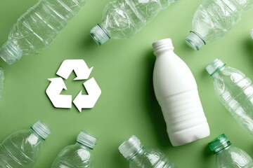 Recycled plastic bottles, white bottle, and recycle symbol on mint green background