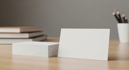 Blank white business card mockup on a wooden office desk for branding presentation.
