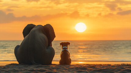 Elephant and Dog Watching Sunset on Beach, Unlikely Friendship, Concept of Peace and Companionship, Tranquil Seaside Evening, Inspirational Animal, Generative AI