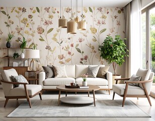 Beige living room with floral wallpaper