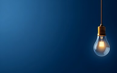 Glowing vintage Edison light bulb hanging on a cord against a dark blue background, symbolizing ideas and inspiration.