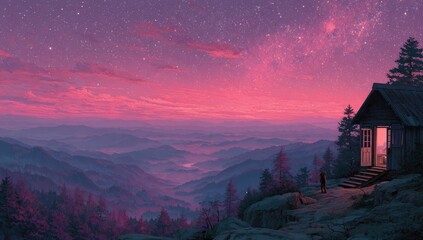 Serene mountain cabin overlooking a vast valley under a vibrant, starlit sky