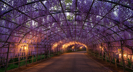 Enchanting wisteria tunnel bathed in soft light, perfect for romantic getaways and scenic travel