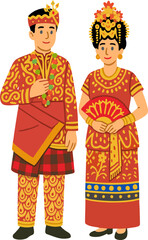 Vector illustration of a Sulawesi couple wearing traditional ceremonial clothing, representing Indonesian cultural heritage in a flat cartoon style