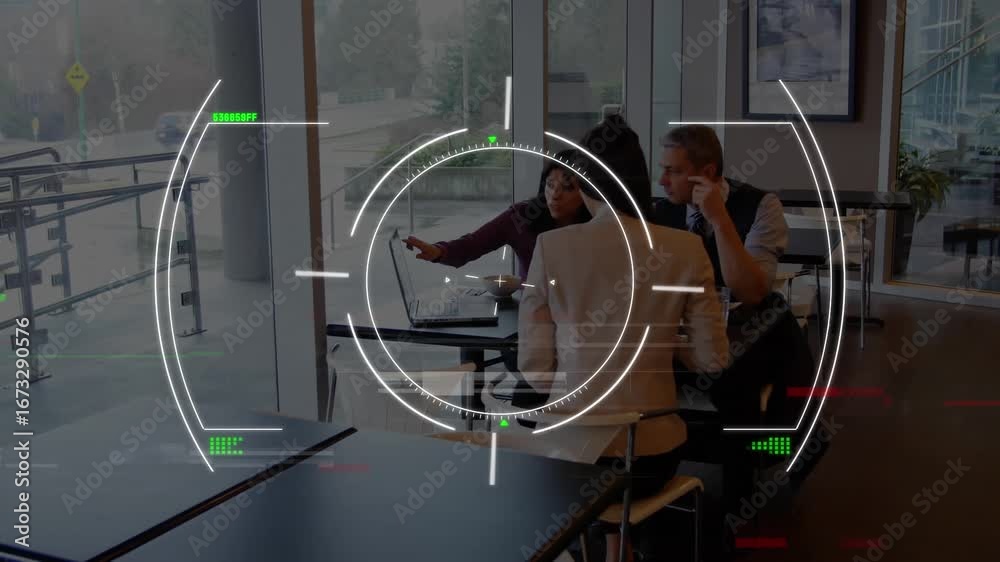 Wall mural animation of scope and data processing over diverse business people in office