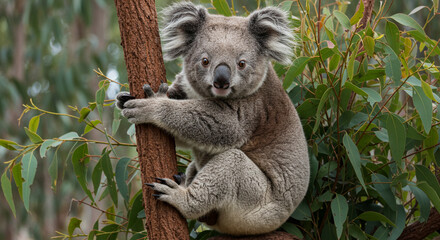 Obraz premium Adorable koala bear clinging to tree trunk looking directly at the viewer in natural habitat