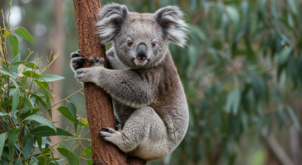 Obraz premium Adorable koala perched on tree branch, looking directly at the viewer with curious eyes