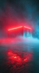 Red and blue neon light illuminates a mysterious cube in a foggy, reflective setting