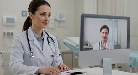 Skilled doctor provides telehealth consultation for patient from modern clinic offering convenient medical advice