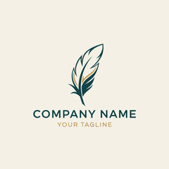 An elegant logo design featuring a stylized dark green and gold feather quill on a cream background.
