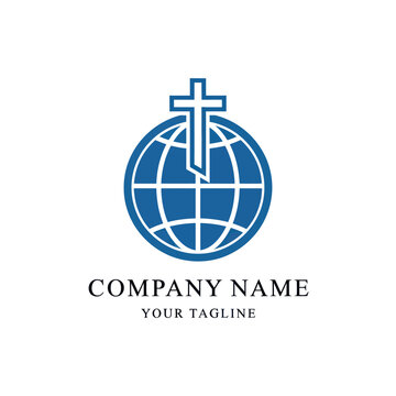 A blue Christian cross logo design integrated with a wireframe globe, symbolizing global faith and ministry.