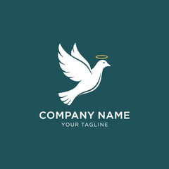 Elegant logo design of a flying white dove with a golden halo, symbolizing peace, purity, and spirituality.