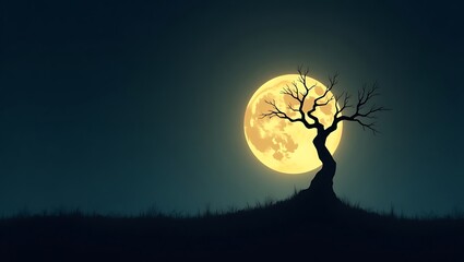 Silhouetted twisted tree under a glowing full moon