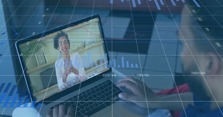 Animation of financial data processing over diverse business people on laptop video call - Powered by Adobe