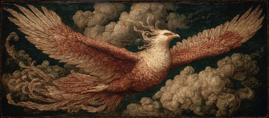 Mythical phoenix soaring through clouds