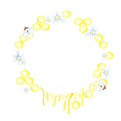 Golden honey comb with marigolds and bees wreath frame border, hand drawn watercolor illustration isolated on white background. Can be used for cards, invitation and other printed products.