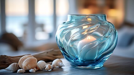 Hand blown glass vase with swirling blue and green colors showcased on a coastal themed table with seashells and driftwood bringing a touch of the ocean indoors