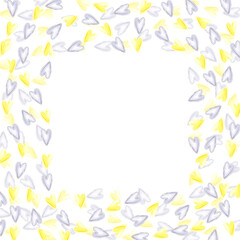 Blue and yellow hearts frame border, hand drawn watercolor illustration isolated on white background. Can be used for cards, invitation and other printed products.