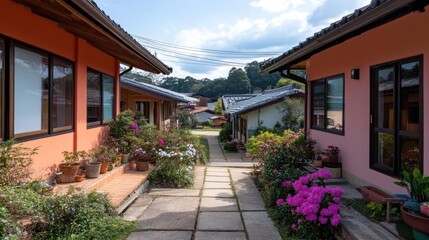 Charming Japanese village path showcasing traditional architecture and vibrant flower gardens inviting exploration and cultural immersion