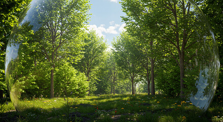 Discover lush forest scenery through a unique glass bubble, nature's beauty captured in clear perspective