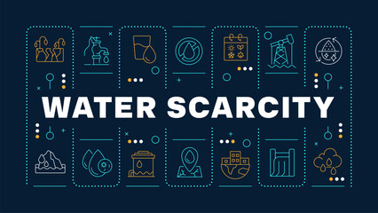 Water scarcity dark blue word concept. Problems with access to freshwater. Environment damage. Horizontal vector image. Headline text surrounded by editable outline icons. Hubot Sans font used