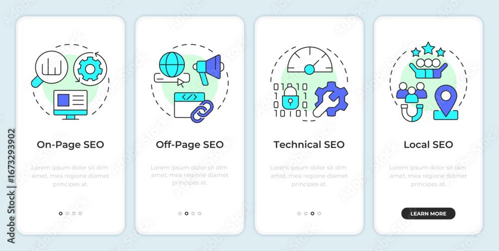 Wall mural search engine optimization onboarding mobile app screen. walkthrough 4 steps editable graphic instru