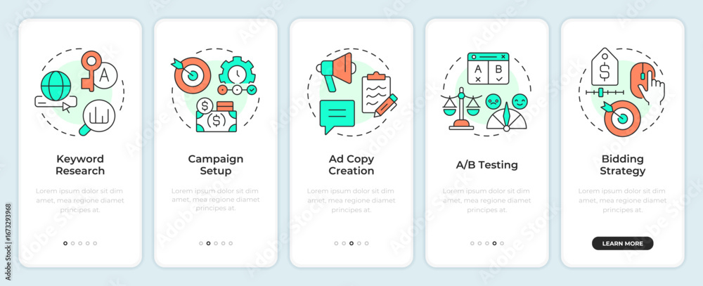 Poster sem campaign strategies onboarding mobile app screen. keywords research. walkthrough 5 steps editabl