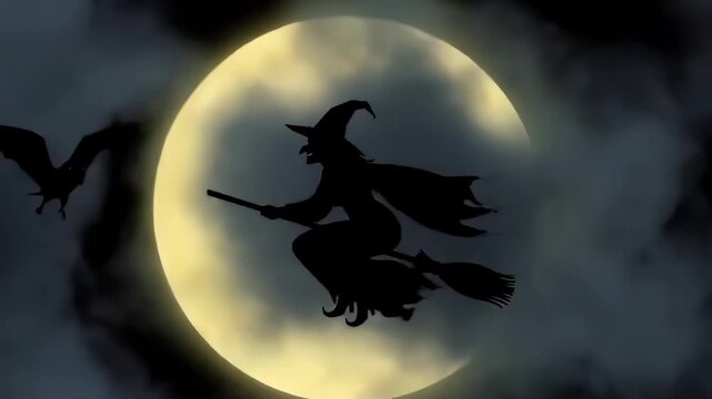 Spooky witch silhouette flies across a glowing full moon on Halloween night