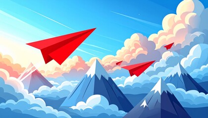 A colorful origami paper plane with a star design flies like a bird across a blue sky, symbolizing business and freedom