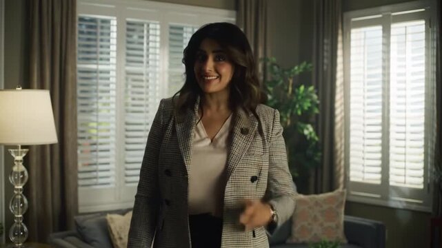 Confident wealthy businesswoman entrepreneur standing with laptop, symbolizing success in global export and import trade, leadership, and international business growth.