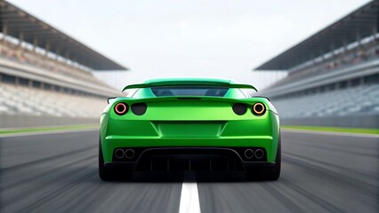 Vivid green sports car rear view on racetrack racing