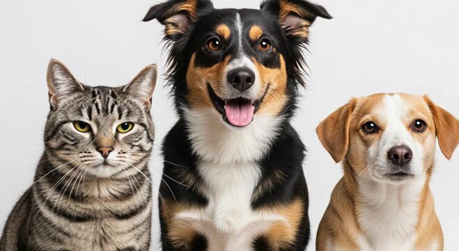 A delightful group of domestic pets, including a tabby cat and two friendly dogs, sit together posing for the camera on white.
