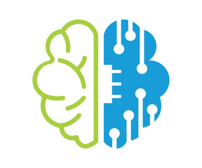 Digital brain tech logo, Human mind technology logo design emblem template. Modern techno smart thinking vector illustration on white background