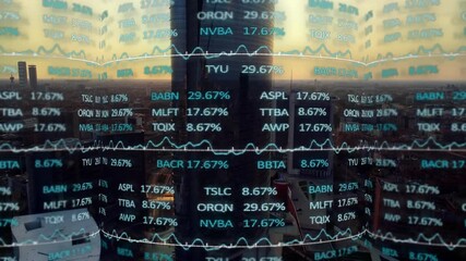 Animation of trading board over aerial view of modern city in background - Powered by Adobe