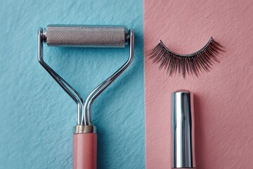 Pink and blue background featuring a lash curler, false eyelashes, and mascara